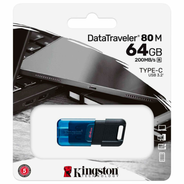 Флеш-диск 64 GB KINGSTON DataTraveler 80M, разъем Type-C 3.2, черный, DT80M/64GB, 514070