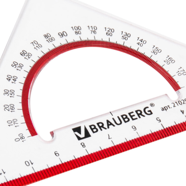 Треугольник пластиковый, угол 45, 13 см, BRAUBERG "Crystal", с транспортиром, прозрачный, с выделенной шкалой, 210293, 210293