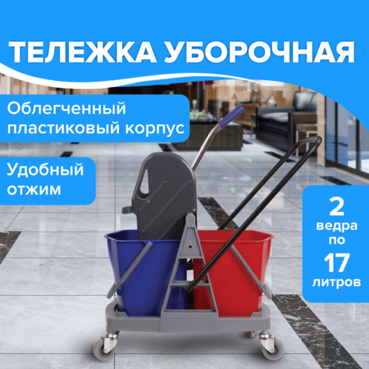 Тележка уборочная BRABIX, 2 съемных ведра 17 л, механический отжим, пластиковый каркас, 606660, 606660