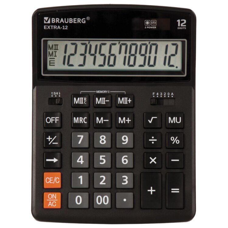 Калькулятор настольный BRAUBERG EXTRA-12-BK (206x155 мм), 12 разрядов, двойное питание, ЧЕРНЫЙ, 250481, 250481