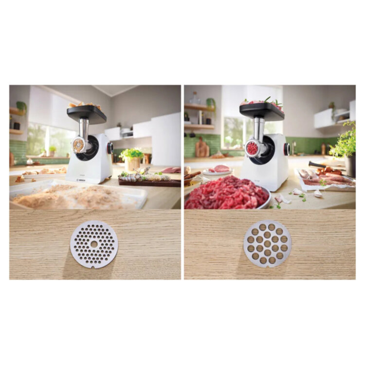 Мясорубка BOSCH MFWS420W, мощность 1900 Вт, производительность 2,5 кг/мин, металлический шнек, реверс, 458584
