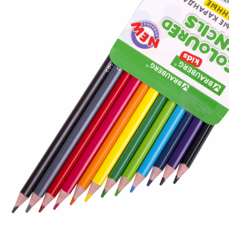 Карандаши цветные BRAUBERG KIDS NEW, 12 цветов, трехгранные, грифель 3 мм, 182001, 182001