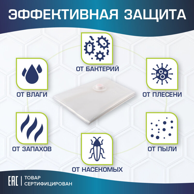 Вакуумный пакет с клапаном для хранения вещей 50х60 см, КОМПЛЕКТ 3 шт., LAIMA HOME, 607783, 607783