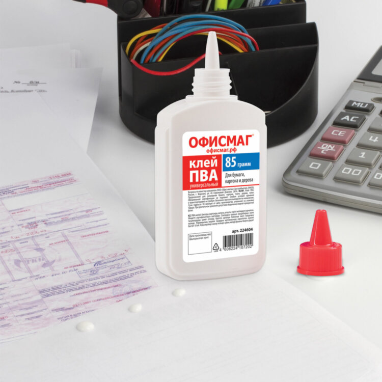 Клей ПВА ОФИСМАГ (бумага, картон, дерево), 85 г, РОССИЯ, 224604, 224604