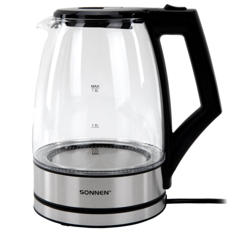 Чайник электрический SONNEN KT-1807, 1,8 л, 2200 Вт, термостойкое стекло, внутренняя подсветка синяя, нержавеющая сталь, 455140, 455140