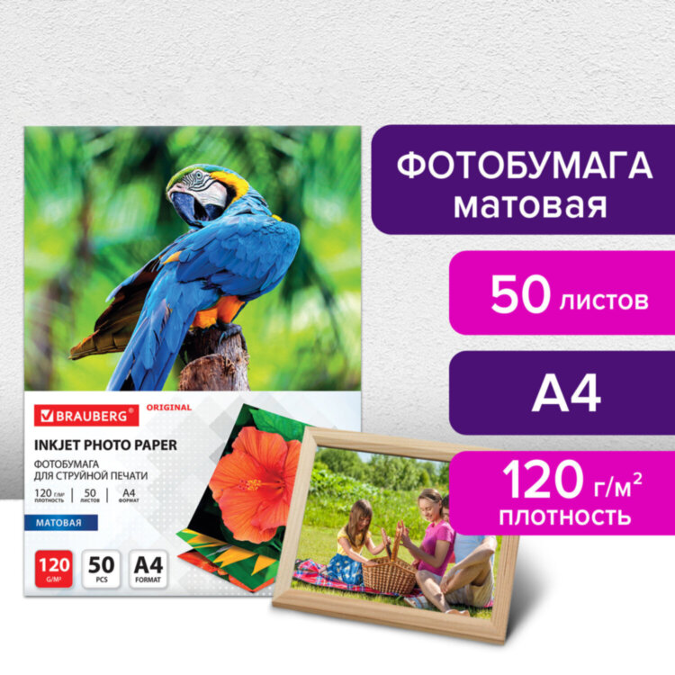 Фотобумага матовая, А4, 120 г/м2, односторонняя, 50 листов, BRAUBERG ORIGINAL, 363981, 363981