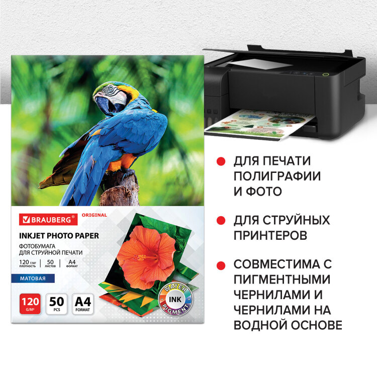 Фотобумага матовая, А4, 120 г/м2, односторонняя, 50 листов, BRAUBERG ORIGINAL, 363981, 363981