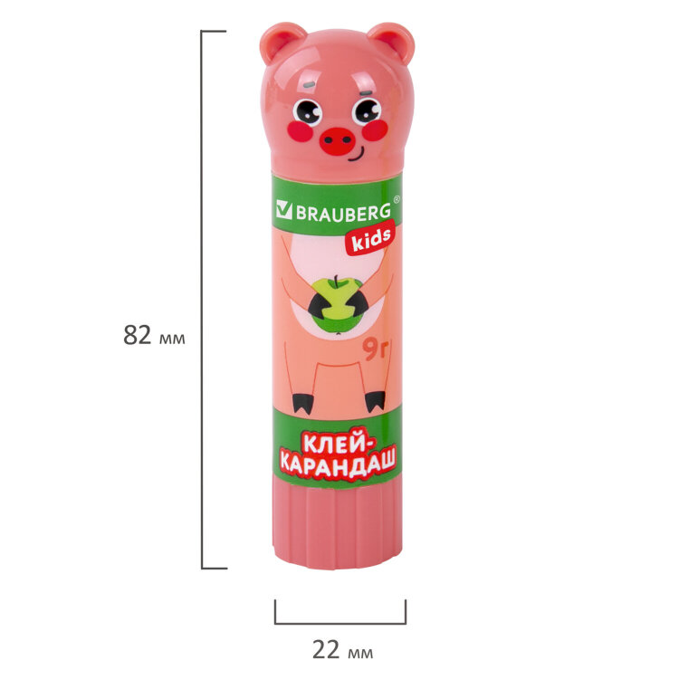 Клей-карандаш "Зверята: кошка, мышка, хрюшка", 9 г, фигурный колпачок, BRAUBERG KIDS, 271138, 24 штук, 271138