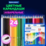 Карандаши цветные акварельные BRAUBERG 24 цвета с КИСТЬЮ, шестигранные, грифель 3 мм, натуральное дерево, 181849, 181849