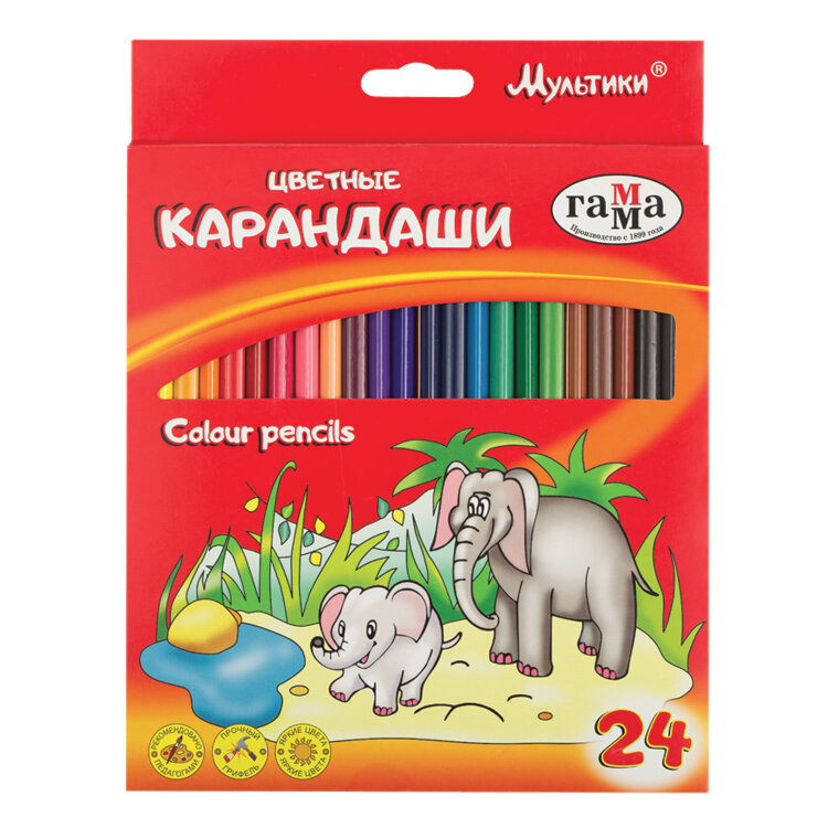 Карандаши цветные ГАММА "Мультики", 24 цвета, трехгранные, натуральное дерево, 290122_24, 181471