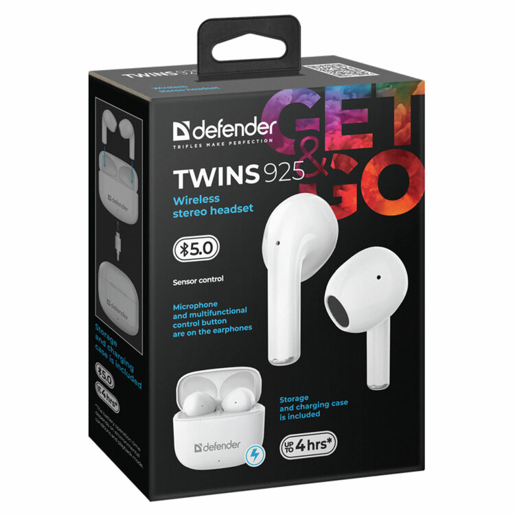 Наушники с микрофоном (гарнитура) DEFENDER TWINS 925, Bluetooth, беспроводные, белые, 63926, 513852