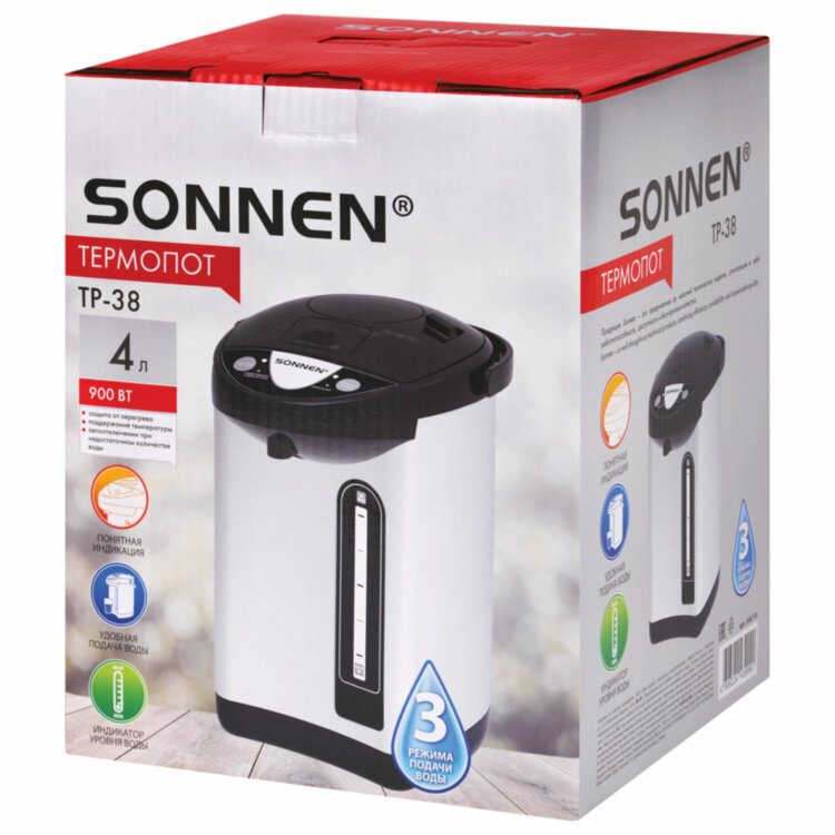 Термопот SONNEN TP-38, 4 л, 900 Вт, 1 температурный режим, 3 режима подачи воды, сталь, черный/серебро, 456710, 456710