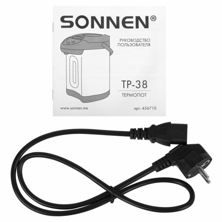 Термопот SONNEN TP-38, 4 л, 900 Вт, 1 температурный режим, 3 режима подачи воды, сталь, черный/серебро, 456710, 456710
