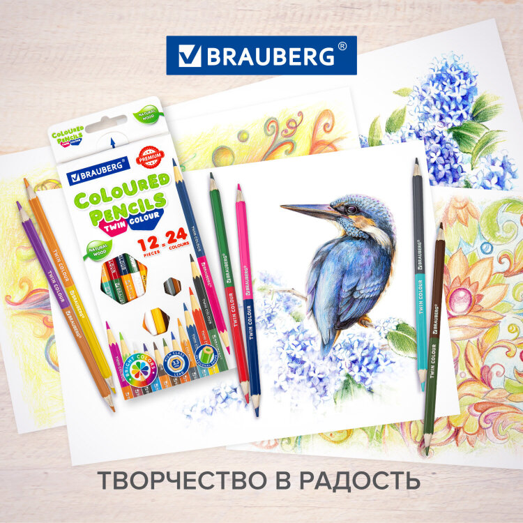 Карандаши цветные двусторонние BRAUBERG PREMIUM TWIN COLOUR, 24 штуки, 48 цветов, шестигранные, грифель 3,3 мм, натуральное дерево, 181875, 181875