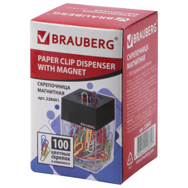 Скрепочница магнитная BRAUBERG со 100 цветными скрепками 28 мм, прозрачный корпус, 228401, 228401