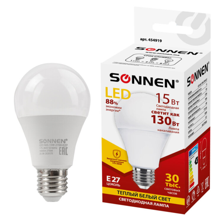 Лампа светодиодная SONNEN, 15 (130) Вт, цоколь Е27, груша, теплый белый, 30000 ч, LED A65-15W-2700-E27, 454919, 454919