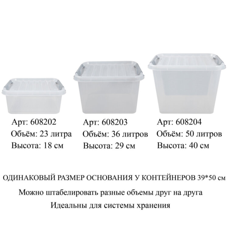 Ящик-контейнер 36 л с КРЫШКОЙ НА ЗАЩЕЛКАХ "ПРОФИ", 29х50х39 см штабелируемый, ПРОЧНЫЙ, прозрачный, 437950000, 608203