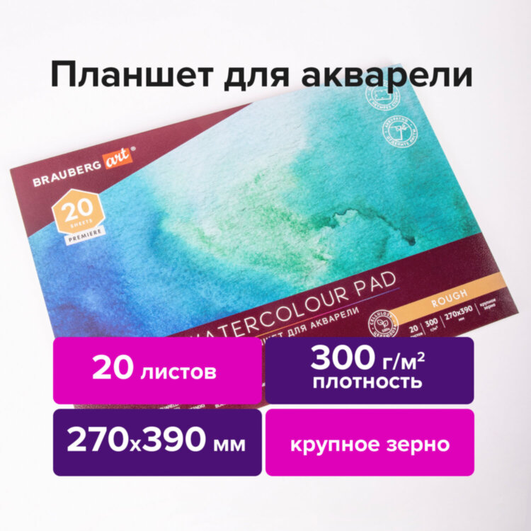 Папка для акварели/планшет, 300 г/м2, 270х390 мм, склейка, крупное зерно, 20 л., BRAUBERG ART PREMIERE, 113250, 113250
