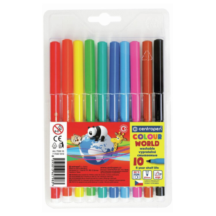 Фломастеры 10 ЦВЕТОВ CENTROPEN "Colour World", круглые, смываемые, 7550/10TP, 775501084, 151166