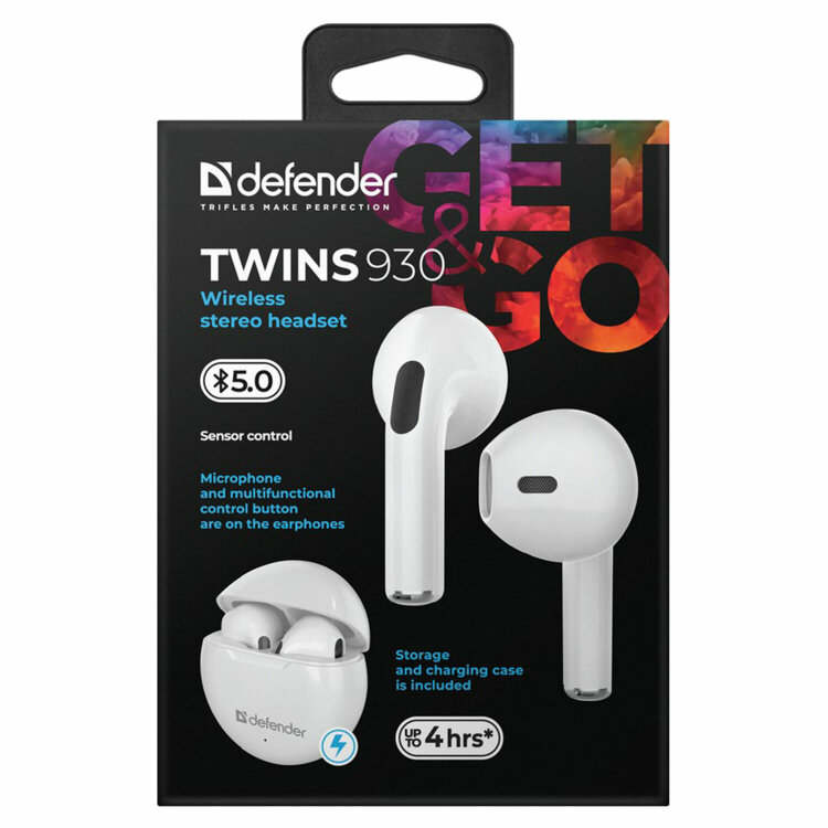 Наушники с микрофоном (гарнитура) DEFENDER TWINS 930, Bluetooth, беспроводные, белые, 63931, 513853