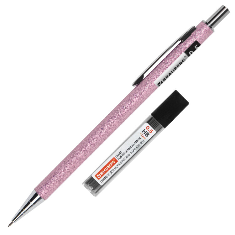 Карандаш механический 0,5 мм + грифели HB 12 штук на блистере, BRAUBERG "ROSE PINK", 181971, 181971