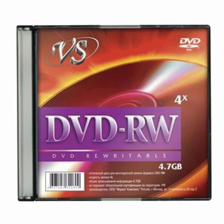 Диск DVD-RW VS, 4,7 Gb, 4x, Slim Case (1 штука), VSDVDRWSL01, 512096