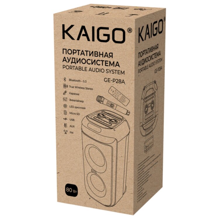 Колонка напольная KAIGO (КАЙГО) GE-P28A + микрофон и пульт В ПОДАРОК, 80 Вт, EQ, Bluetooth, USB, micro SD, AUX, LED, TWS, FM, 514227, 514227
