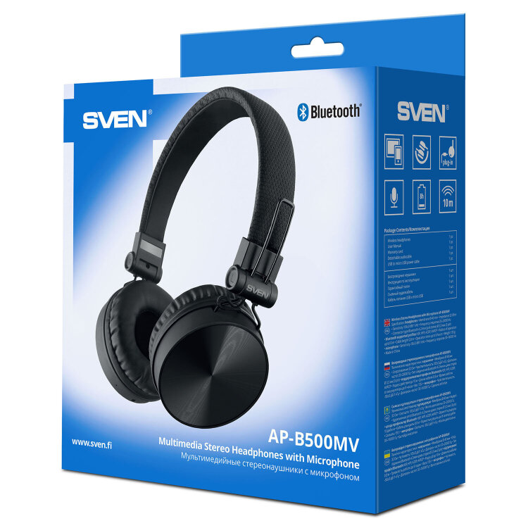 Наушники с микрофоном (гарнитура) SVEN AP-B500MV, Bluetooth, беспроводные, черные, SV-018283, 513840