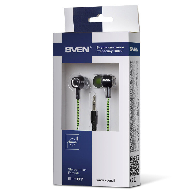 Наушники SVEN E-107, проводные, 1,2 м, вкладыши, черные с зеленым, SV-015404, 513842