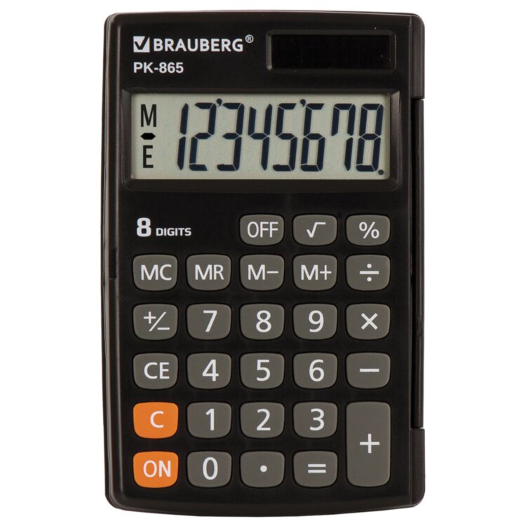 Калькулятор карманный BRAUBERG PK-865-BK (120x75 мм), 8 разрядов, двойное питание, ЧЕРНЫЙ, 250524, 250524
