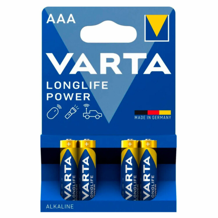 Батарейки алкалиновые "мизинчиковые" КОМПЛЕКТ 4 шт., VARTA LONGLIFE POWER, ААА (LR03, 15А), блистер, 4903121414, 457409