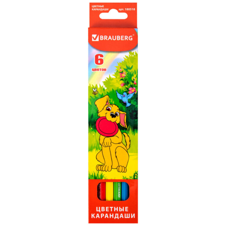 Карандаши цветные BRAUBERG "My lovely dogs", 6 цветов, шестигранные, грифель 3 мм, натуральное дерево, 180518, 180518