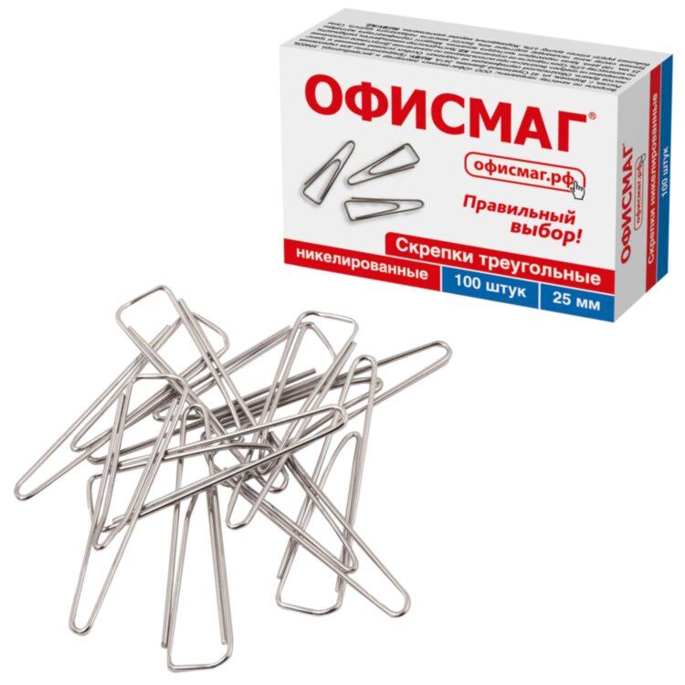 Скрепки ОФИСМАГ, 25 мм, никелированные, треугольные, 100 шт., в картонной коробке, 270441, 270441