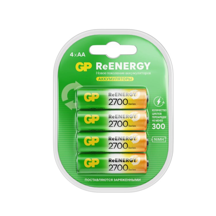 Батарейки аккумуляторные GP ReEnergy Ni-Mh пальчиковые КОМПЛЕКТ 4 шт., АА (HR6), 2600mAh, 270AAHCRGY, 270AAHCRGY-2CRC, 458465