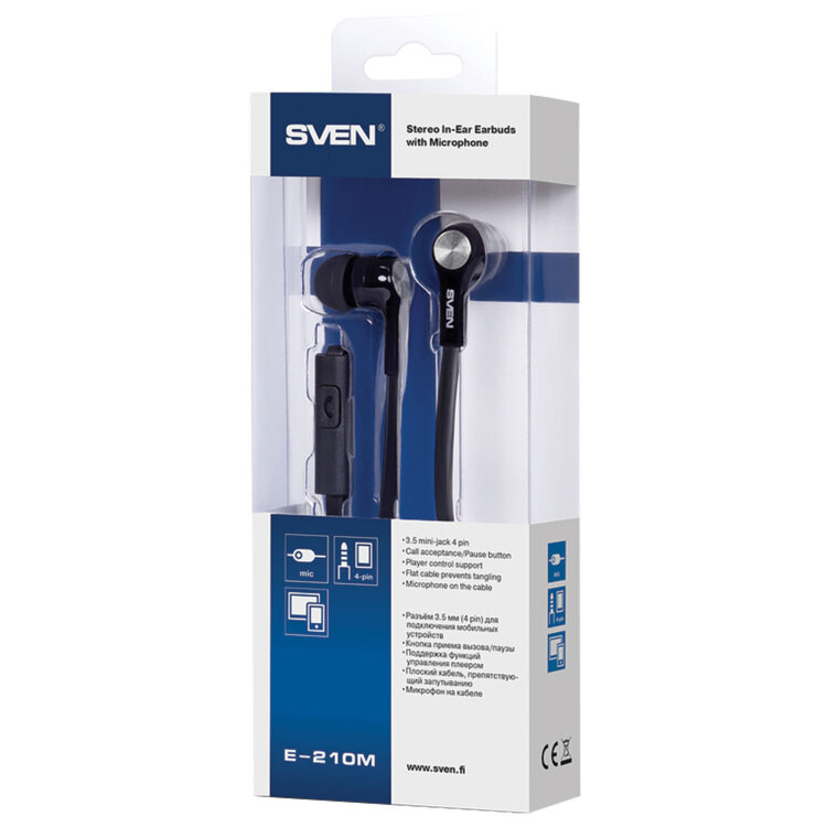 Наушники с микрофоном (гарнитура) SVEN E-210M, проводные, 1,2 м, вкладыши, черный, SV-015732, 513097