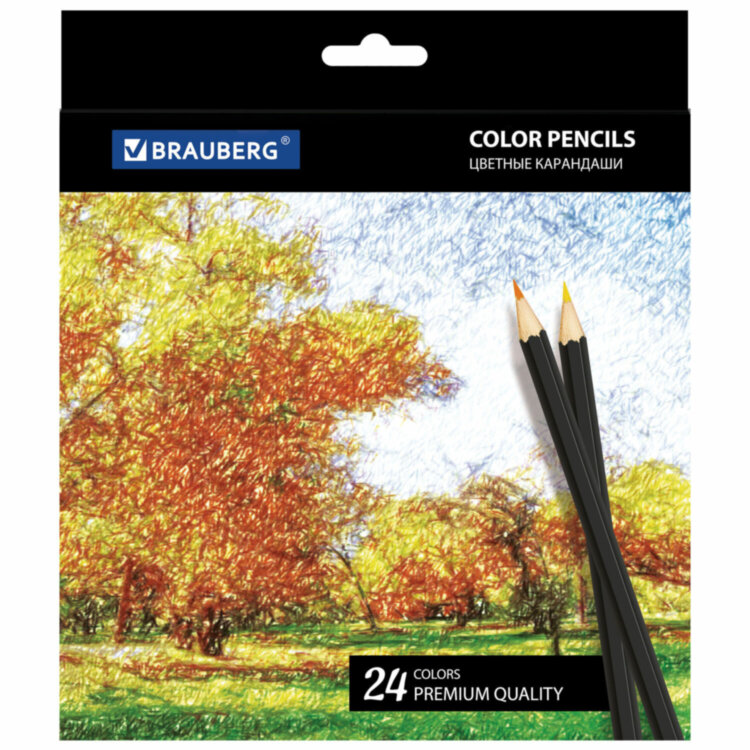 Карандаши цветные BRAUBERG "Artist line", 24 цвета, черный корпус, шестигранные, грифель 3 мм, натуральное дерево, 180565, 180565