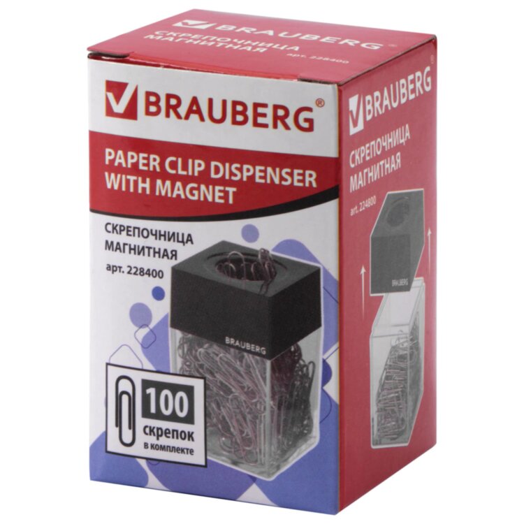 Скрепочница магнитная BRAUBERG со 100 никелированными скрепками 28 мм, прозрачный корпус, 228400, 228400