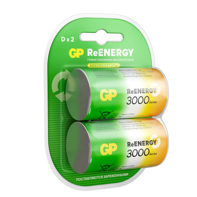 Батарейки аккумуляторные GP ReEnergy Ni-Mh КОМПЛЕКТ 2 шт., D (HR20), 3000 mAh, 300DHCRGY-2CRCB2, 458471