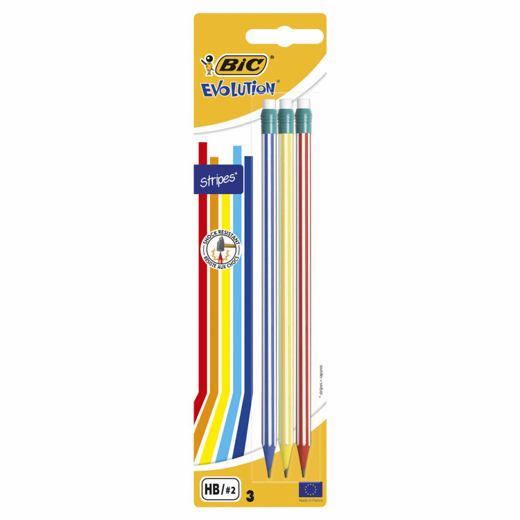 Карандаши чернографитные BIC Evolution "Stripes", НАБОР 3 шт., HB, с ластиком, блистер, 8902781, 181955