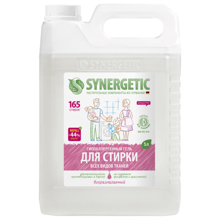 Гель для стирки для всех видов тканей 5 л SYNERGETIC, гипоаллергенный, 109500, 608033