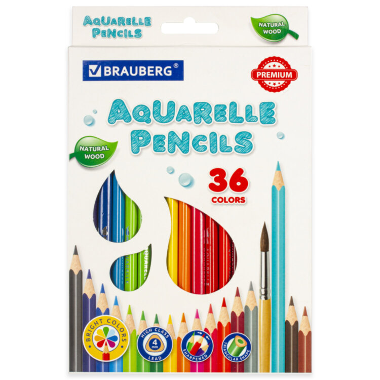 Карандаши цветные акварельные BRAUBERG PREMIUM AQUARELLE, 36 цветов, трехгранные, утолщенный грифель 4 мм, натуральное дерево, 181674, 181674