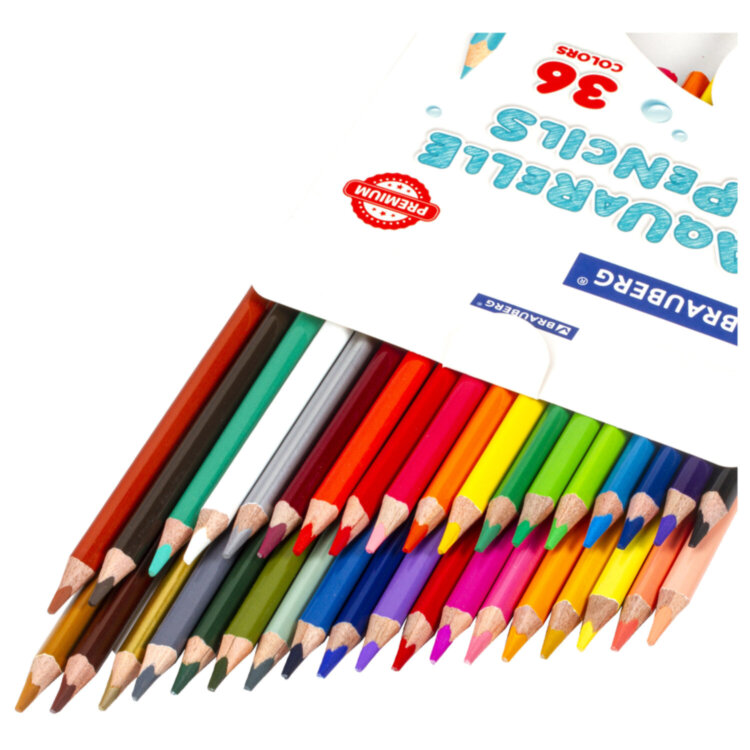 Карандаши цветные акварельные BRAUBERG PREMIUM AQUARELLE, 36 цветов, трехгранные, утолщенный грифель 4 мм, натуральное дерево, 181674, 181674