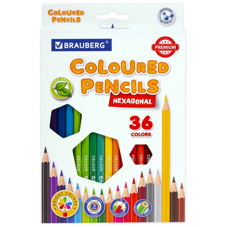 Карандаши цветные BRAUBERG PREMIUM, 36 цветов, шестигранные, грифель 3 мм, 181669, 181669