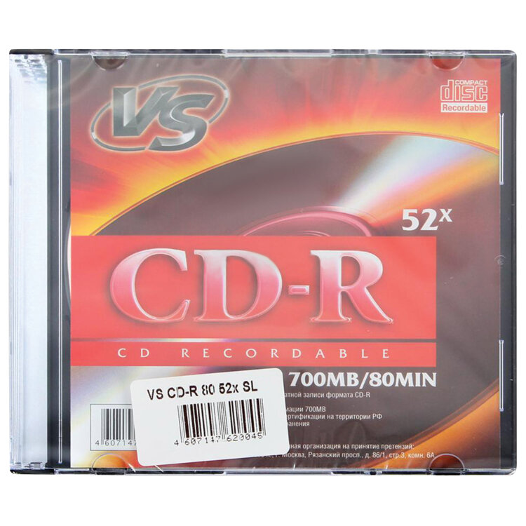 Диск CD-R VS, 700 Mb, 52x, Slim Case (1 штука), VSCDRSL01, 511544