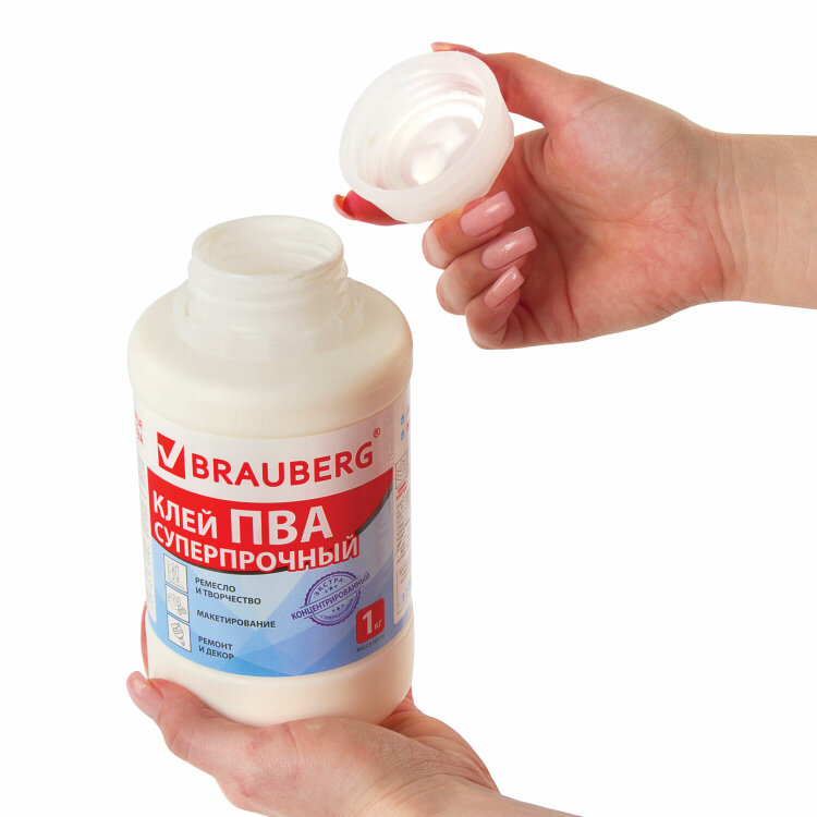 Клей ПВА BRAUBERG, 1 кг, суперпрочный (керамика, ткань, кожа, дерево, бумага, картон), 600984, 600984