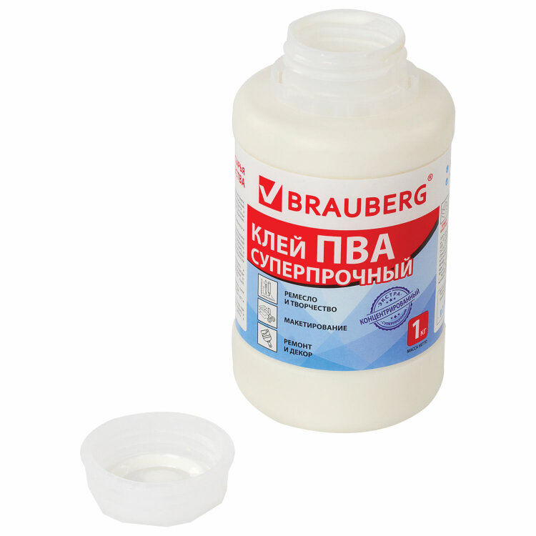 Клей ПВА BRAUBERG, 1 кг, суперпрочный (керамика, ткань, кожа, дерево, бумага, картон), 600984, 600984