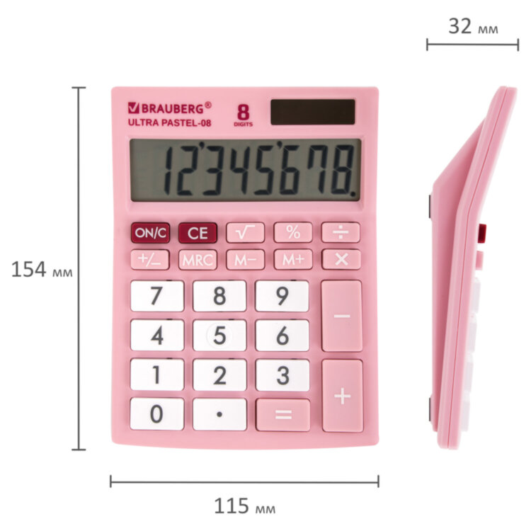 Калькулятор настольный BRAUBERG ULTRA PASTEL-08-PK, КОМПАКТНЫЙ (154x115 мм), 8 разрядов, двойное питание, РОЗОВЫЙ, 250514, 250514
