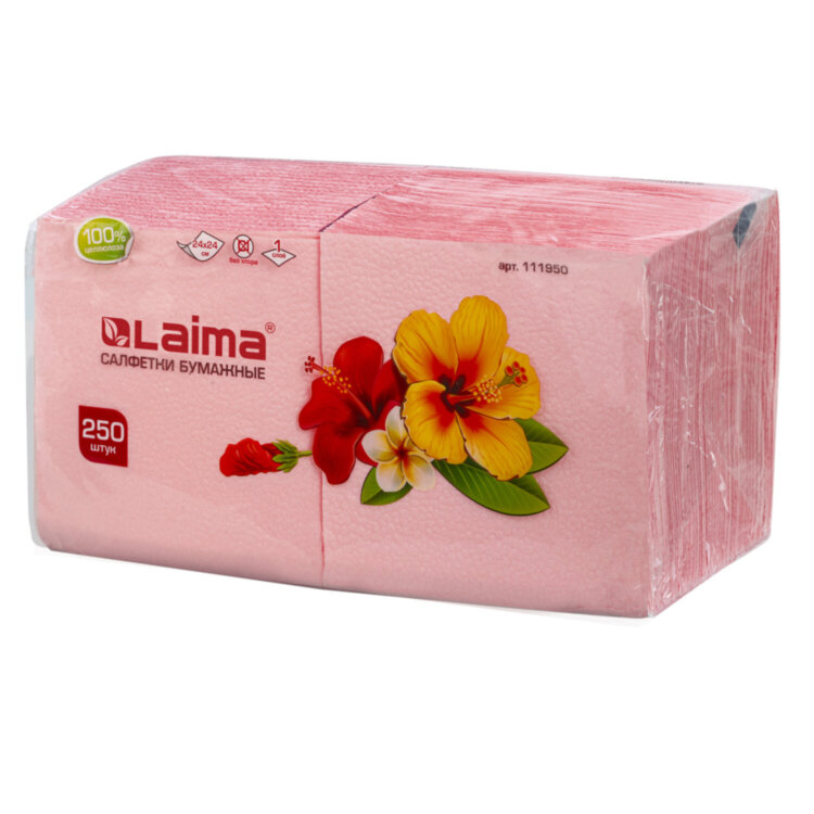 Салфетки бумажные, 250 штук, 24х24 см, LAIMA, красные (пастельный цвет), 100% целлюлоза, 111950, 111950