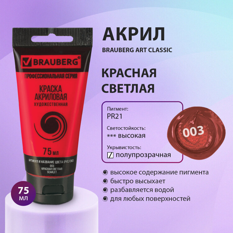 Краска акриловая художественная BRAUBERG ART CLASSIC, туба 75мл, КРАСНАЯ СВЕТЛАЯ, 191082, 191082