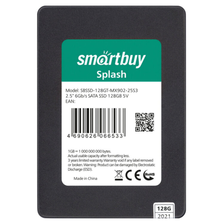 Твердотельный накопитель SSD SMARTBUY Splash 128GB, 2,5", SATA III, черный, SBSSD-128GT-MX902-25S3, 513605
